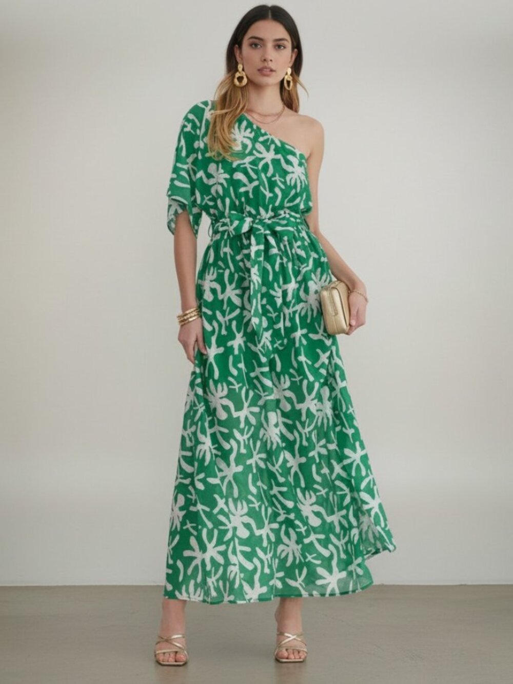 Entro NWT Green One-Shoulder Printed Midi Dress with Slit Sz L